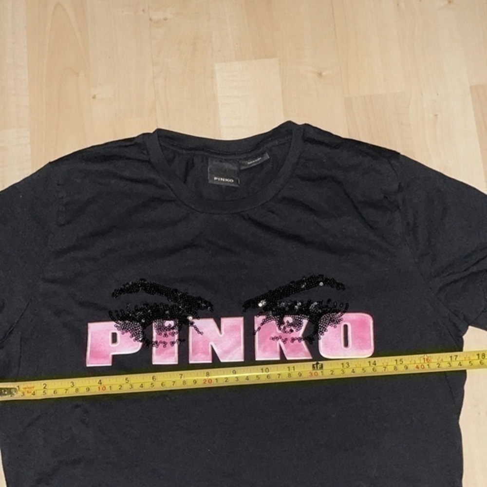 PINKO Sequined Eyes Logo Tee T-shirt in black w/ pink Italy pure 100% cotton XS - Picture 7 of 13